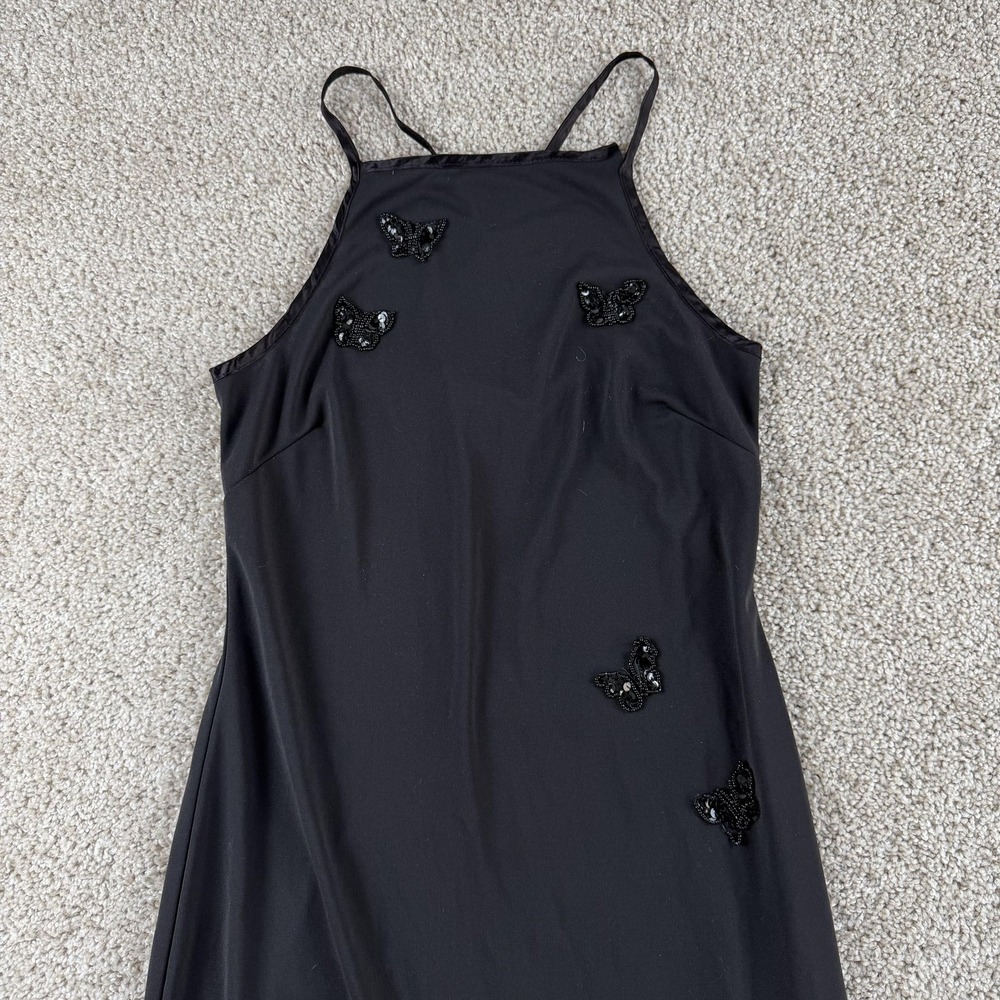 Vintage Y2K City Triangles Dress Womens 7 Black Butterfly Sequin Slip Long